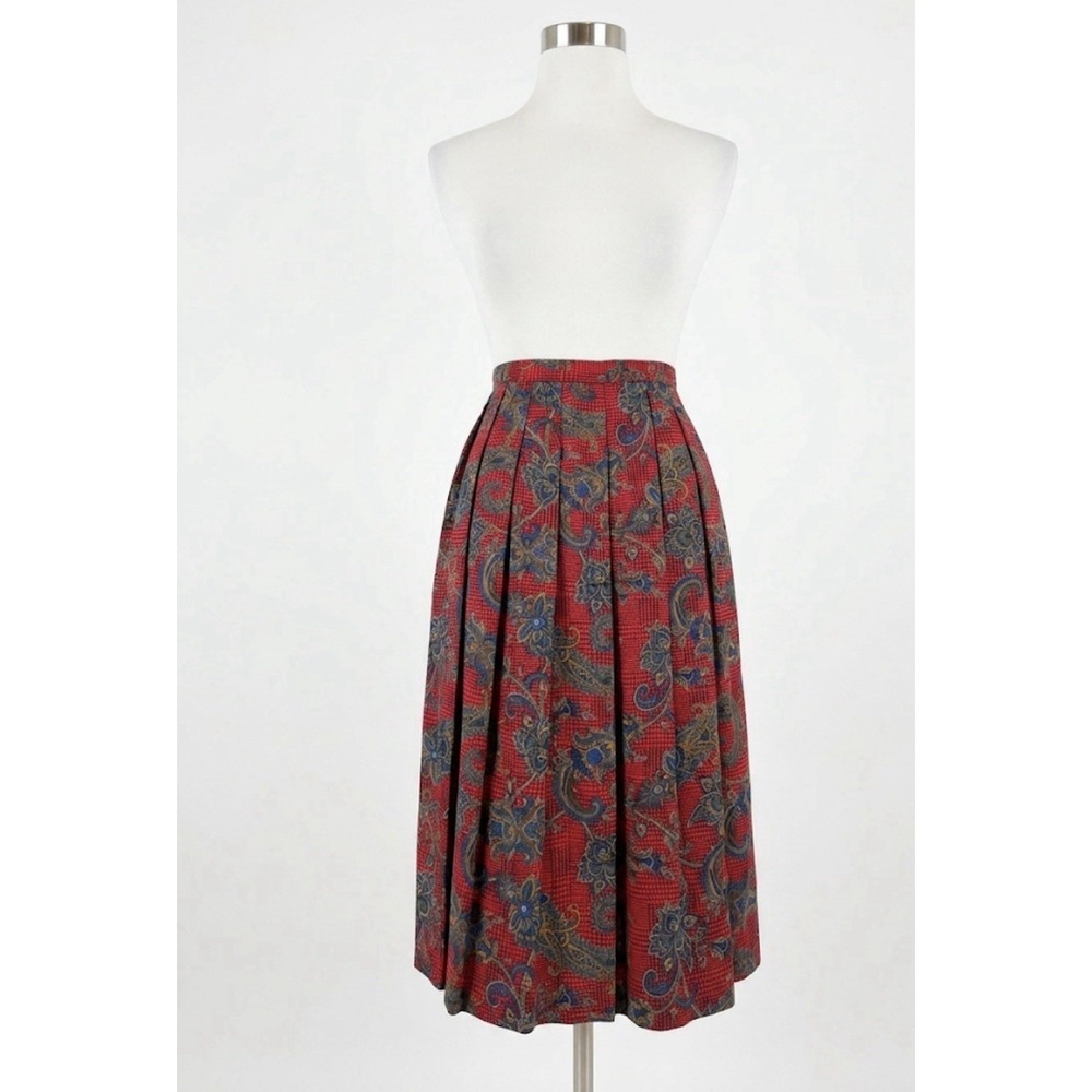 Worthington Petite Red Paisley Rayon Pleated Midi Skirt Sz 10 Bohemian Academia